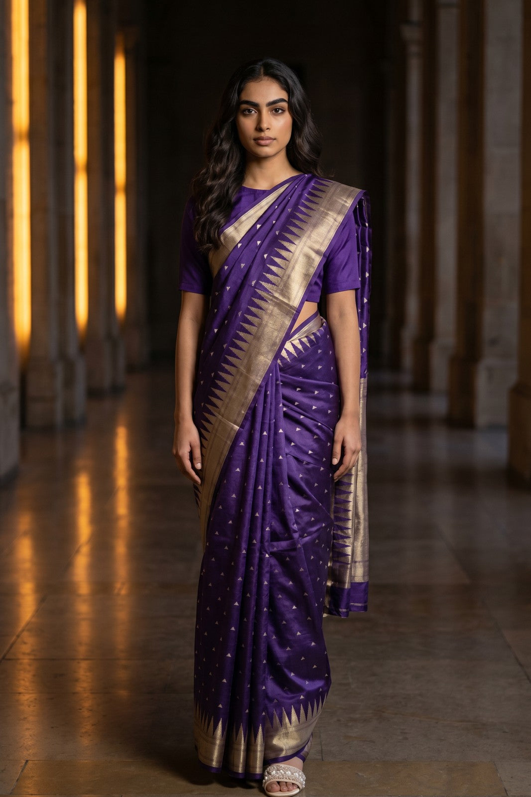 Cotton Silk Temple Border Saree - Purple, model shot