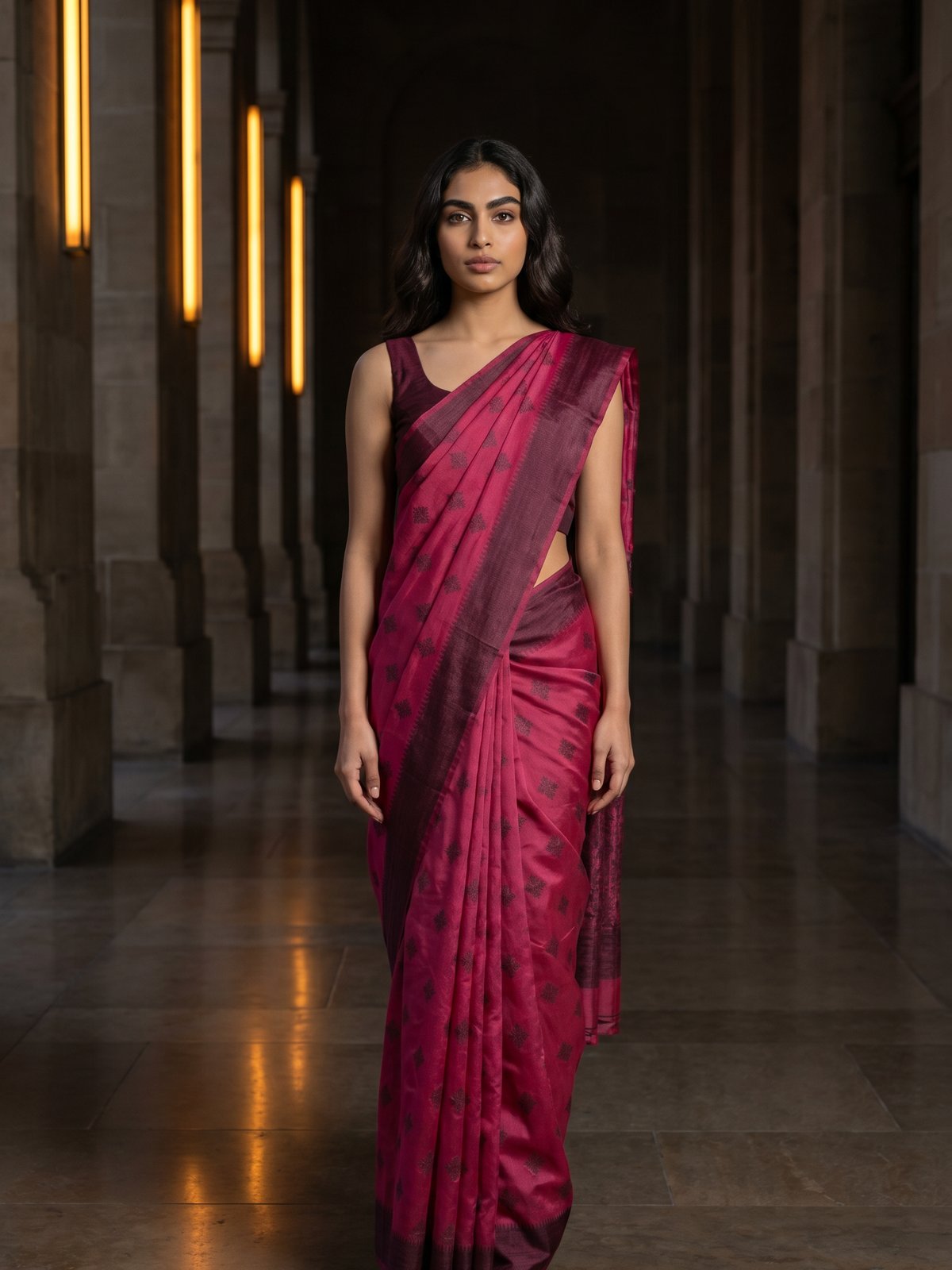 Tussar Jute Silk Saree - Rani Pink, model shot