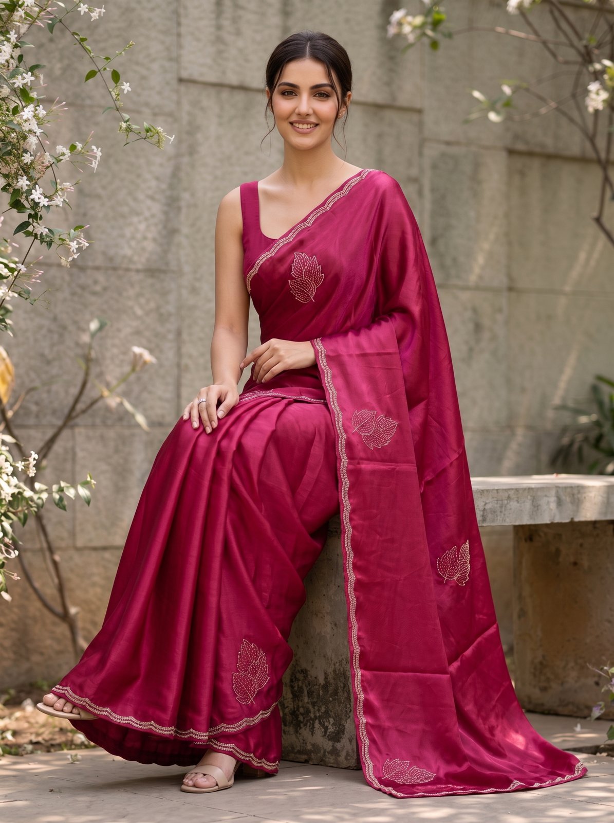 Zari Tarang Saree - Rani Pink, seated