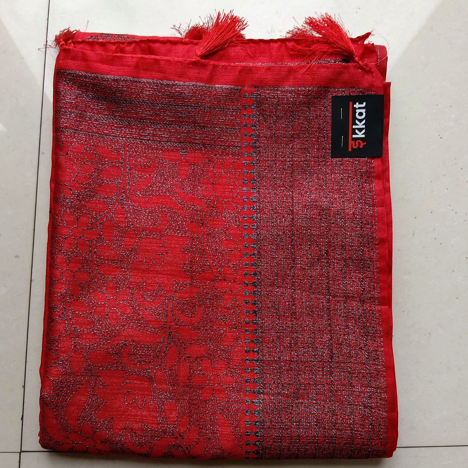 Tussar Jute Silk Saree - Crimson Red, full drape
