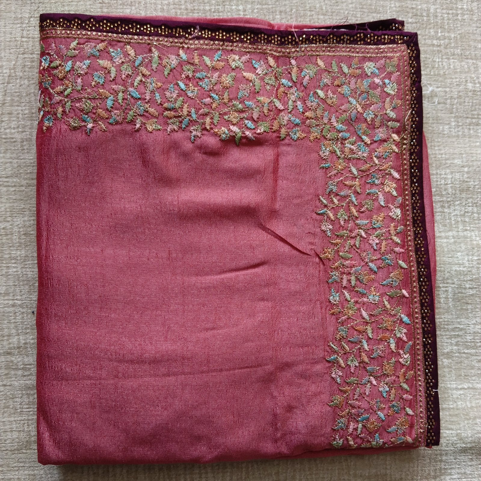 Multicolor Resham Embroidery Saree - Rose, fabric overview