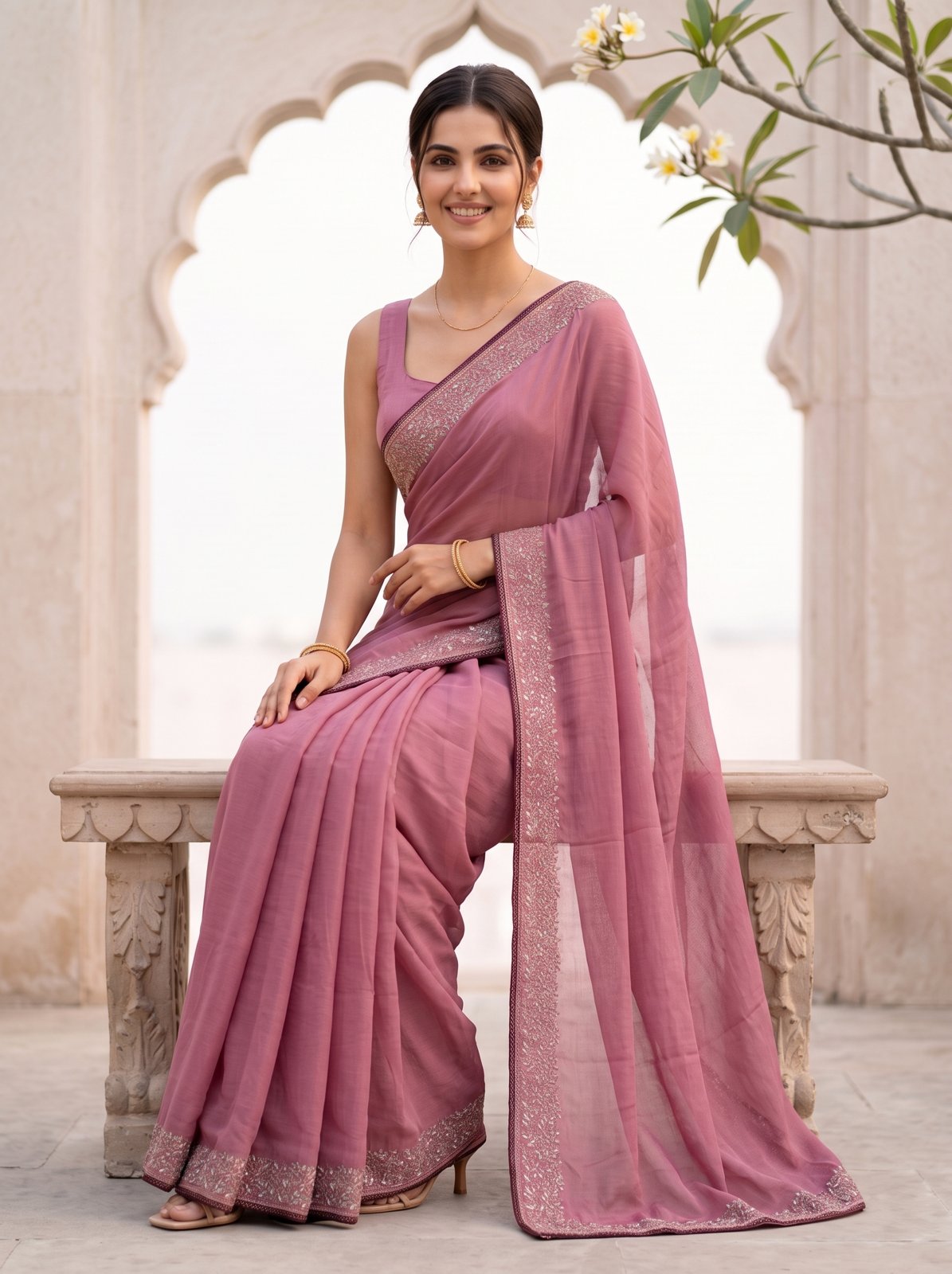 Multicolor Resham Embroidery Saree - Rose, seated