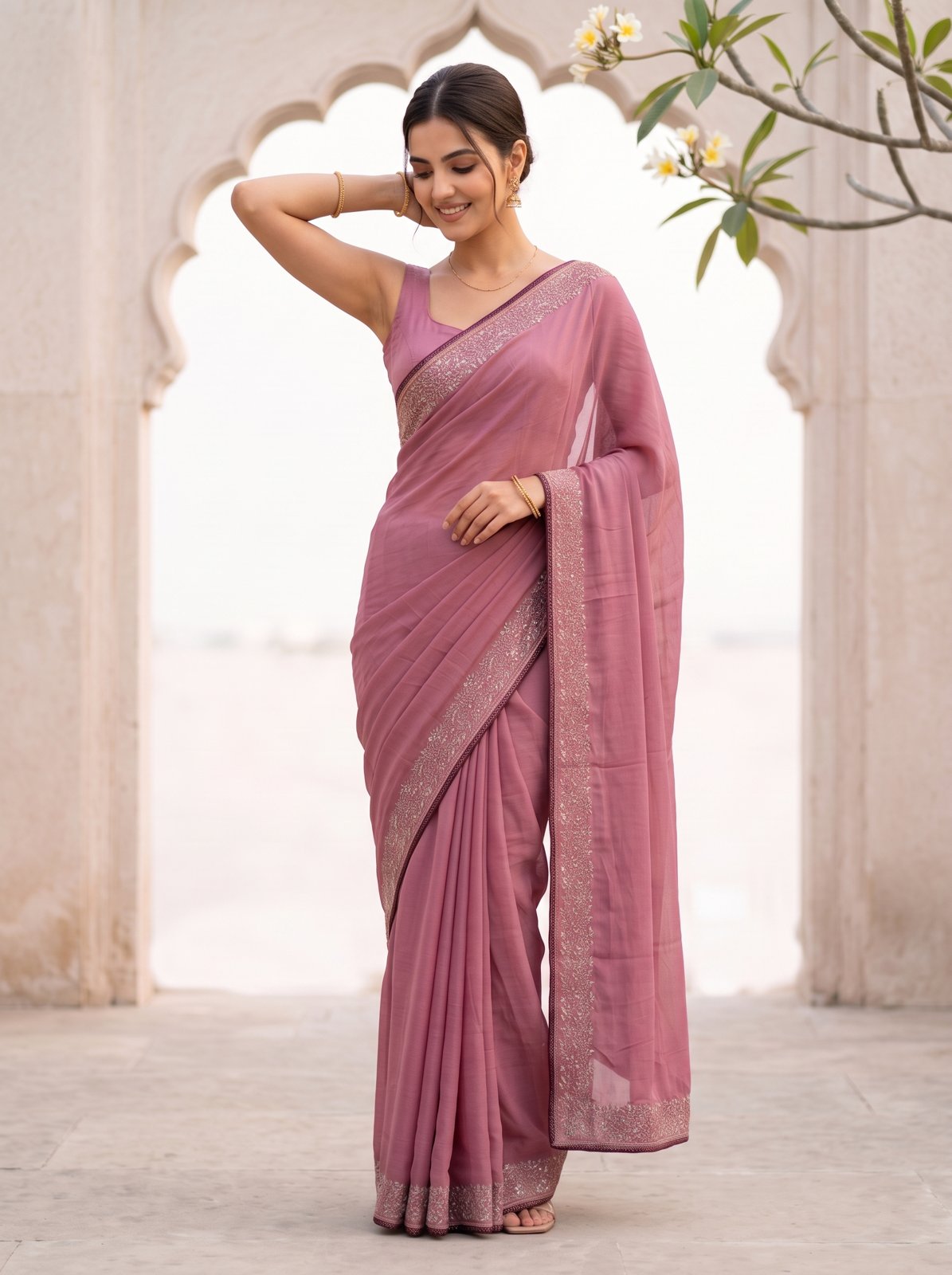 Multicolor Resham Embroidery Saree - Rose, standing