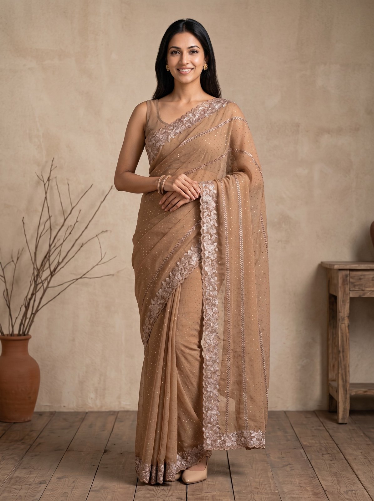 Soft Shimmer Crape Saree - Tan, model