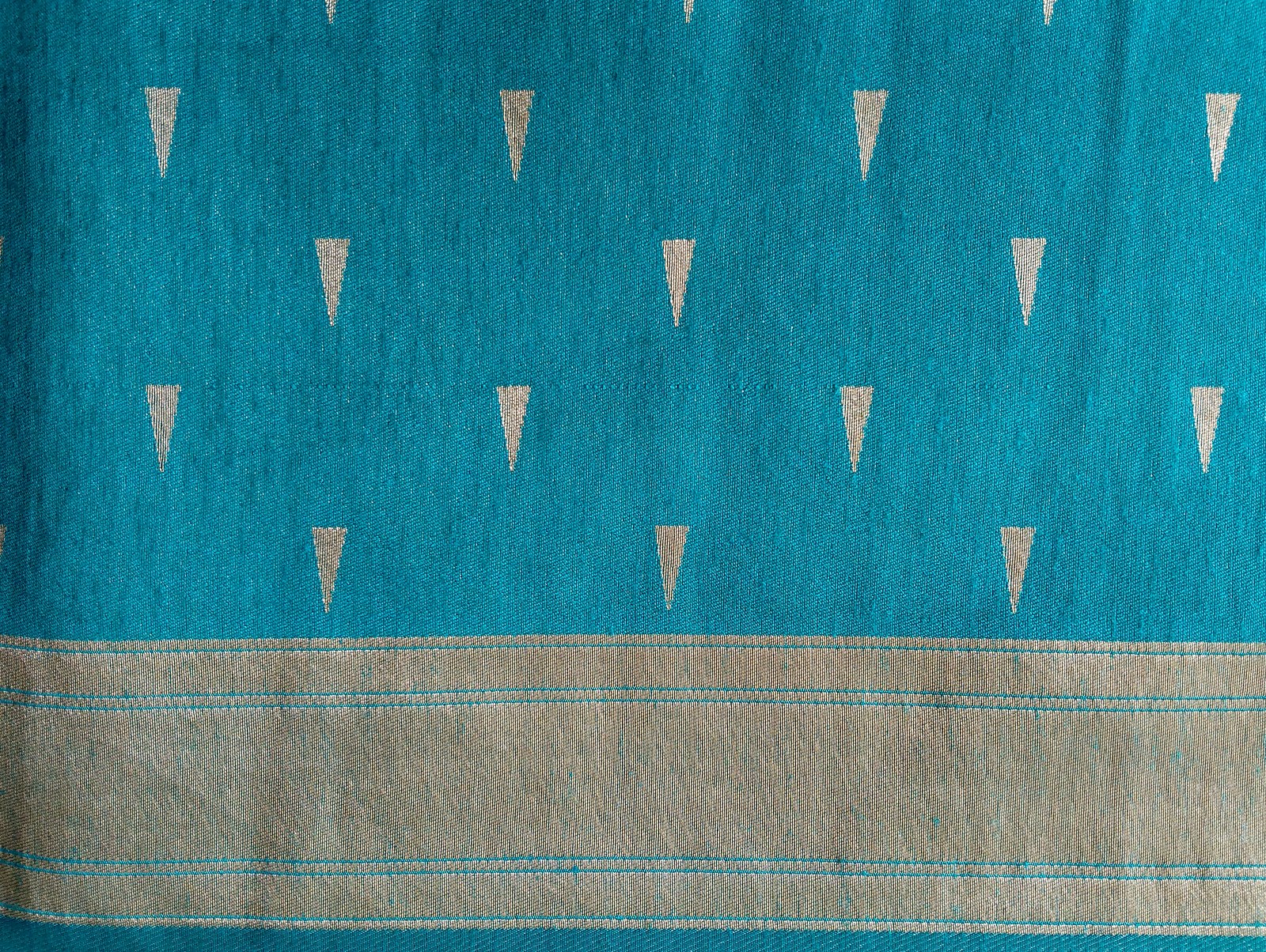 Cotton Silk Temple Border Saree - Peacock Teal, zari border detail