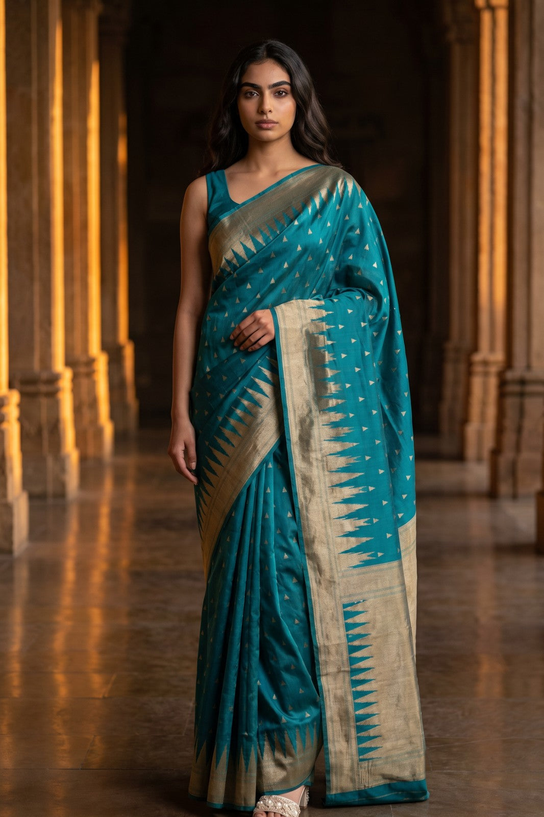 Cotton Silk Temple Border Saree - Peacock Teal, model shot