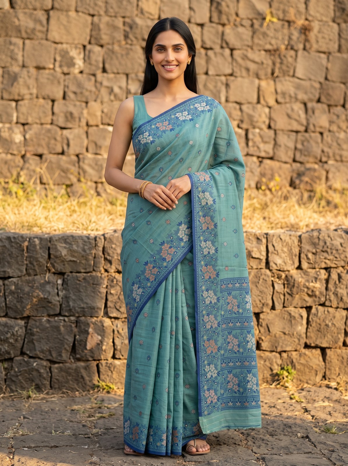 Heritage Cotton Woven Saree - Teal, model