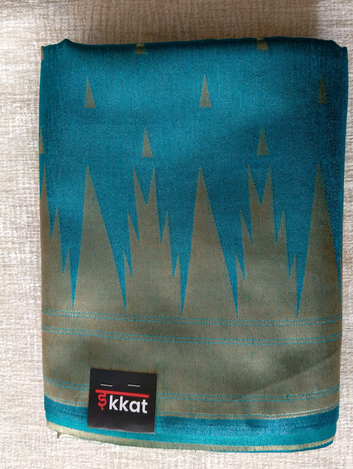 Cotton Silk Temple Border Saree - Peacock Teal, full drape