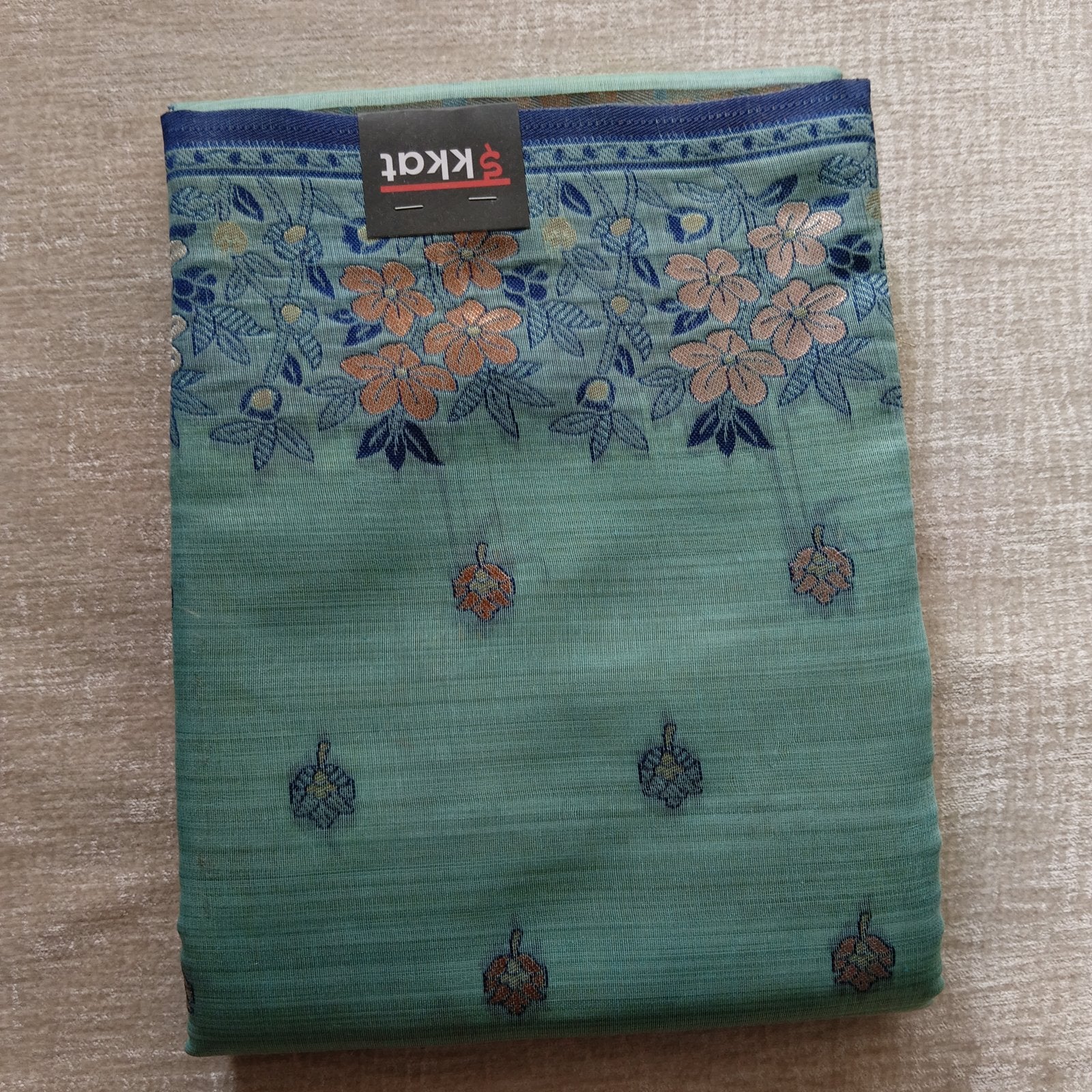 Heritage Cotton Woven Saree - Teal, fabric overview