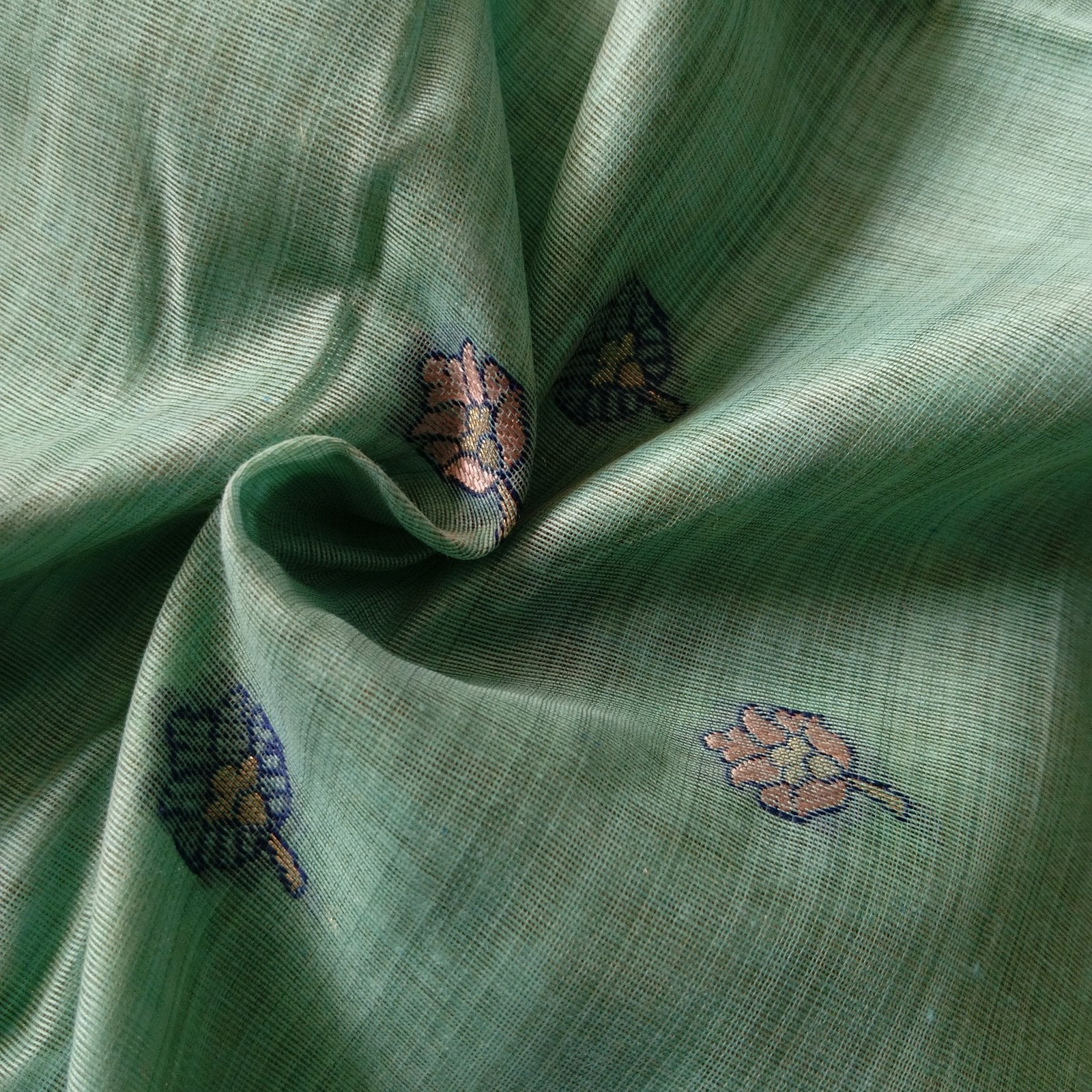 Heritage Cotton Woven Saree - Teal, fabric texture