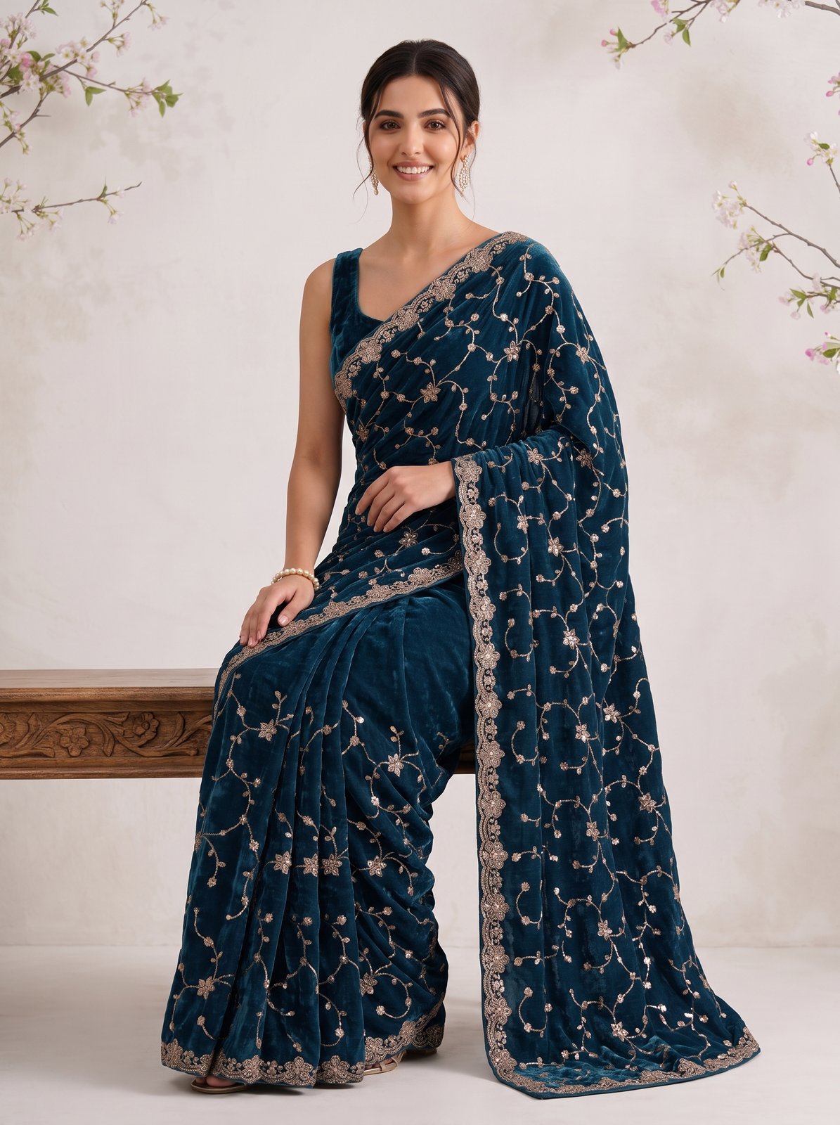 Bel Butta Saree - Teal, seated