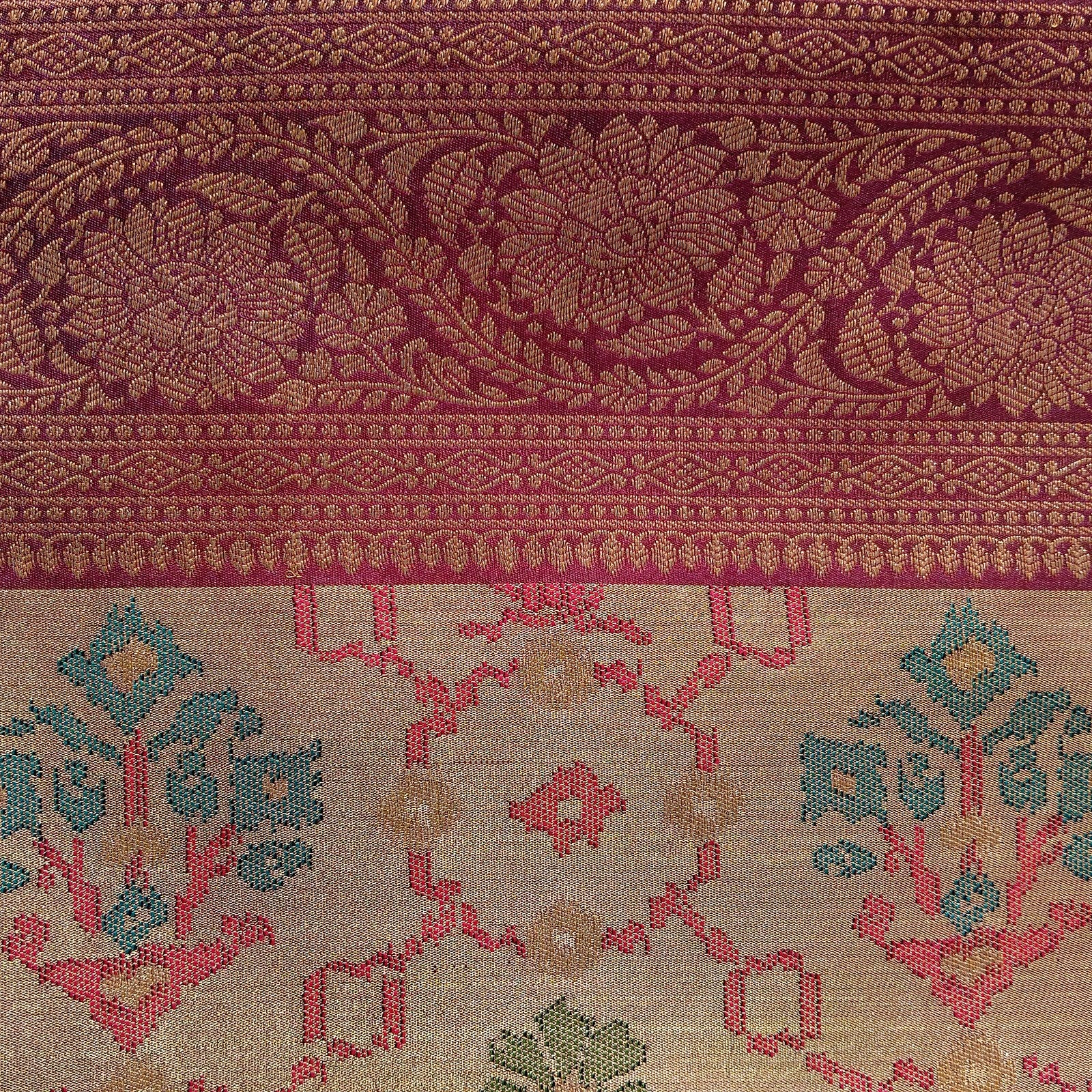 Floral Kanjivaram-Style Jaal Saree - Wine Maroon, border detail