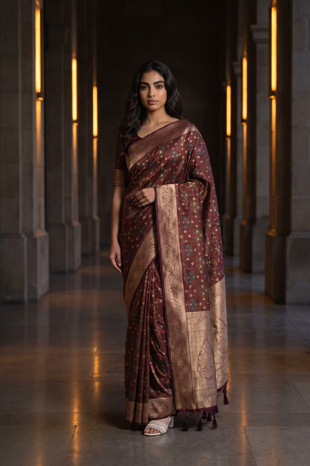 Floral Kanjivaram-Style Jaal Saree - Wine Maroon, on-model shot