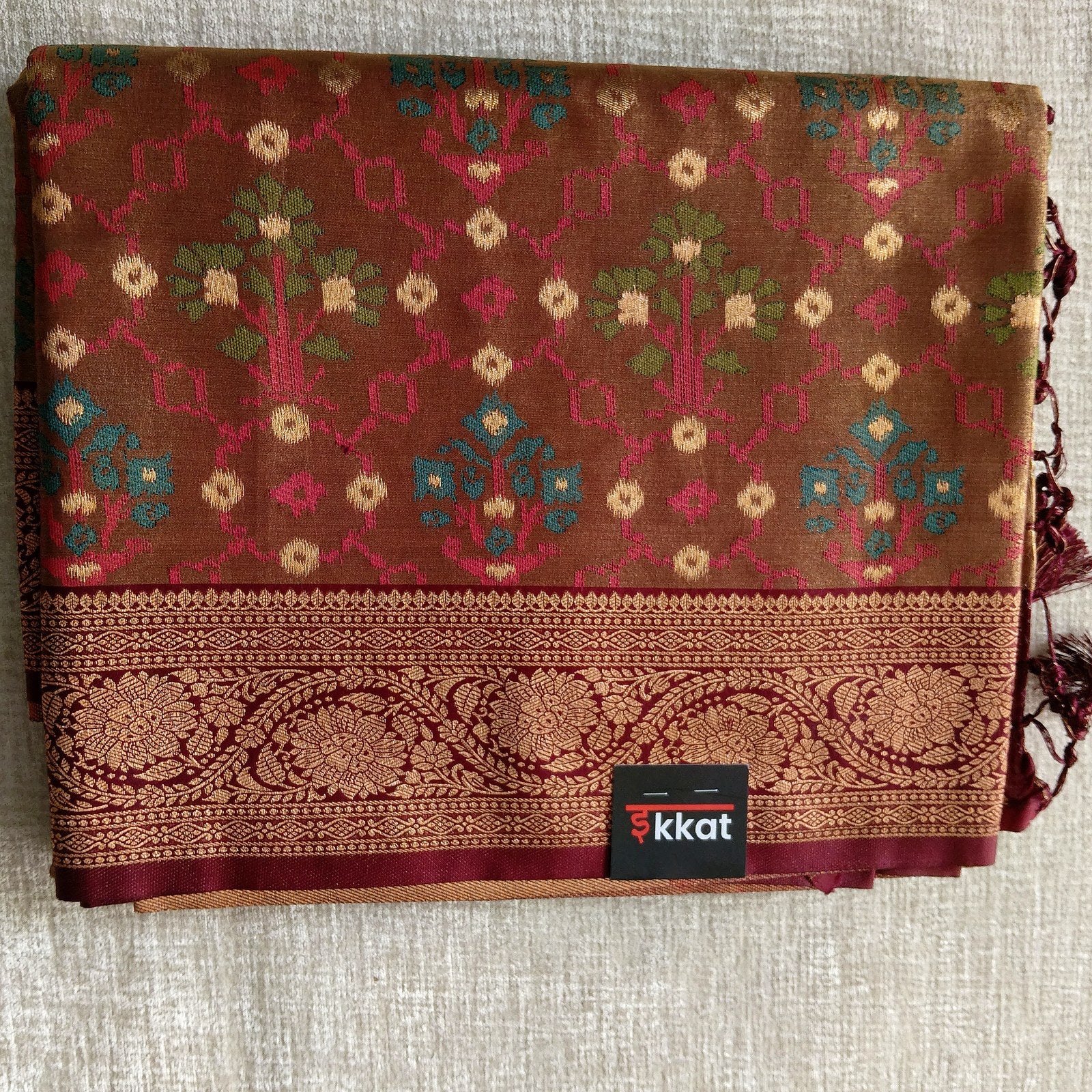 Floral Kanjivaram-Style Jaal Saree - Wine Maroon, full view